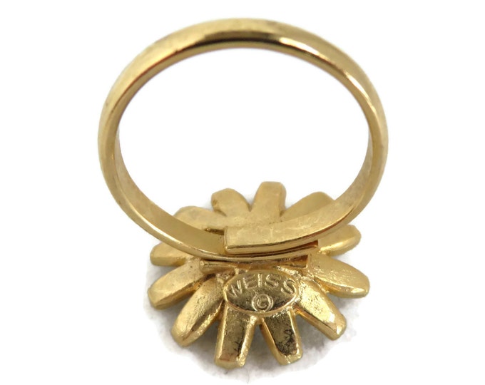 Weiss Daisy Ring, Vintage Enamel Flower Ring, Goldtone Adjustable Ring, Signed Weiss Jewelry