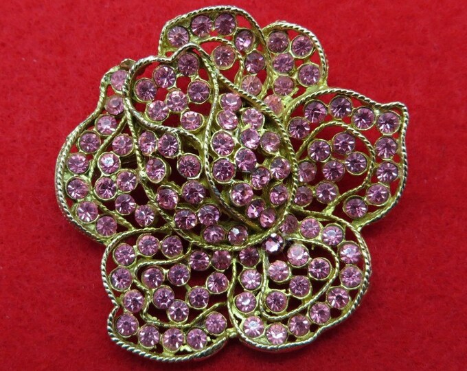 WEISS Pink Rhinestone Brooch Vintage Designer Signed Gold Tone Flower Pin Estate Runway Gift Idea