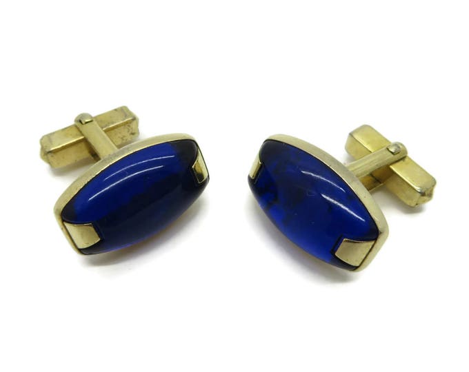 Cobalt Blue Cufflinks, Vintage Men's Gold Tone Cuff Links, Men's Suit Accessory Gift Idea