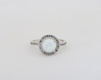 Vintage Sterling Silver White Opal & Aquamarine Halo Ring Size 6