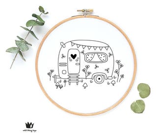 Caravan, camper van, cute whimsical, flowers, garden, house sampler Digital hand embroidery pattern , PDF instant Download