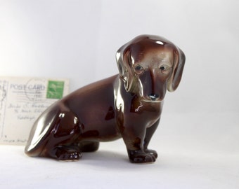Vintage Brown Ceramic Dachshund Figure; Collectible Hound Dog Figure