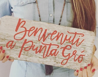 Custom calligraphic antique wood sign