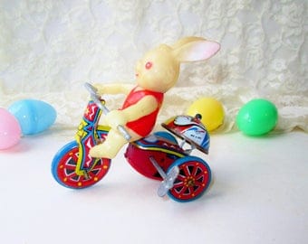 Wind Up Easter Bunny on Tricycle Tin Toy Vintage Mechanical Wind Up Rabbit Collectible Toy Lithograph Tin Trike w Ringing Bell Easter Gift