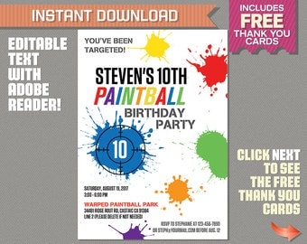 Paintball Invitation with FREE Thank you Card - Paintball Party - Instant Download - Edit and print at home with Adobe Reader