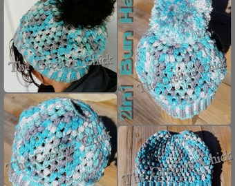 Messy Bun Hat Crochet PATTERN - 2 in 1 Bun hat & Pom Puff hat ! Hair hat Bunhat PDF available immediately! DIY
