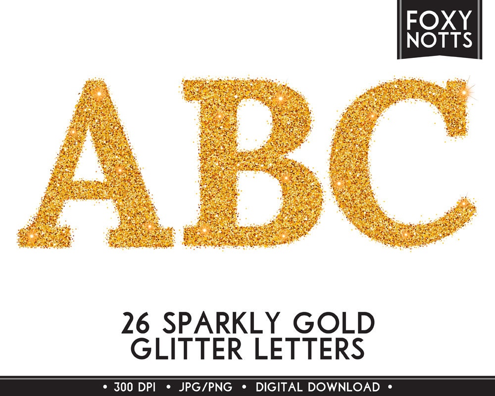 gold glitter alphabet clipart font sparkle digital download