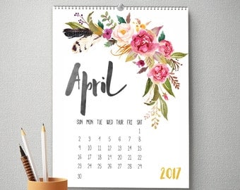 2017 Monthly Wall Calendar, 11x14, Wall Calendar, Watercolor Flower Gifts for Her (cal0001)