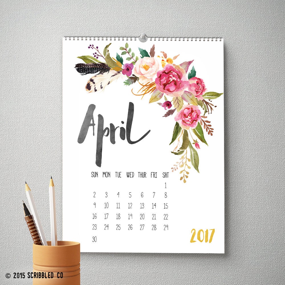 2017 Monthly Wall Calendar 11x14 Wall Calendar Watercolor