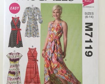 wrap dress pattern, McCalls sewing pattern M7119, cross over dress in 4 styles, unused pattern, size 6-14