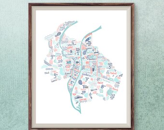 Lyon map travel art French city poster Lyon wall print France illustration travel poster city print modern wall art hip cafe decor