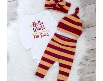 harry potter baby, Newborn going home outfit, Coming home outfit, Gryffindor, personalized baby outfit, gender neutral baby set, hello world