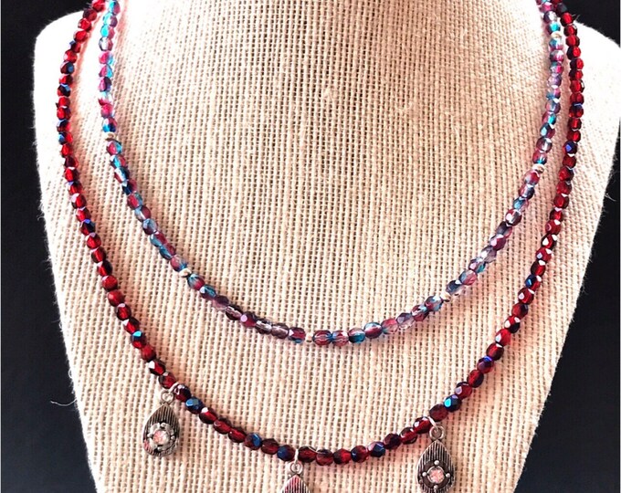 Ruby red necklace, red crystal necklace, dark red necklace, double strand necklace red blood necklace, red double strand necklace