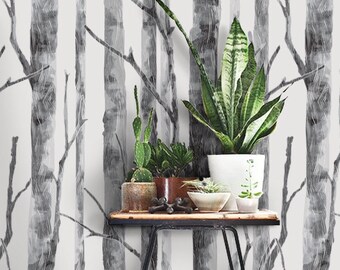 Modern Birch Tree Pattern PEEL & STICK Repositionable Fabric Wallpaper