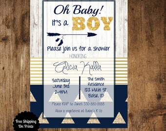 Aztec Baby Boy Shower Invitation, Boy Baby Shower Invitation,Navy and Gold Baby Shower Invitation, Aztec Baby Shower Invitation, Printable