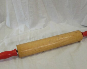 Rolling Pin, Wood, Red Handles, 1970's