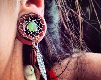 Organic Bohemian Dream-Catcher Bloodwood Tunnels-Size 1/2"(13mm) through 1" Handcrafted wood plugs /Earthy/ Plug Ear Gauges/ Wooden