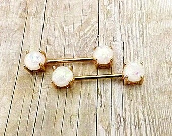 14g 15mm Rose Gold Plated / Opal Glitter Front Facing Prong Set IP over Rose Gold Plated on 316L Surgical Steel Nipple Barbells