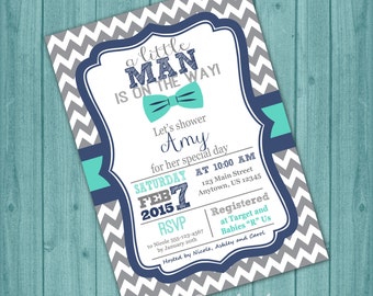 Little Man Baby Shower Invitation Bowtie Invitation PRINTABLE Invite Gray Chevron Navy Blue Teal Invitation, Custom DIY Digital Printable