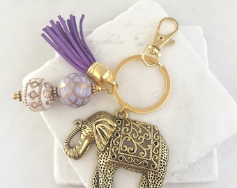 Elephant Key Chain, Lucky Elephant Charm, Elephant Car Accessory, Beaded Key Chain, Tassel Key Chain