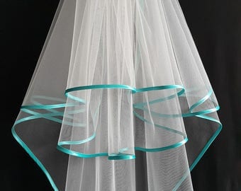 Ivory Wedding Veil, Three Layers, Aquamarine Satin Edging.