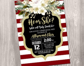christmas gender reveal invitation, holiday baby reveal invite, he or she, winter gender reveal gold glitter digital printable digital