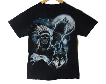 Vintage 90s Wolf Tee - Small - Native American - Wolf Shirt - Spirit Animal - Medium Womens Shirt - Faded Black - 90s Clothing - T Shirt -