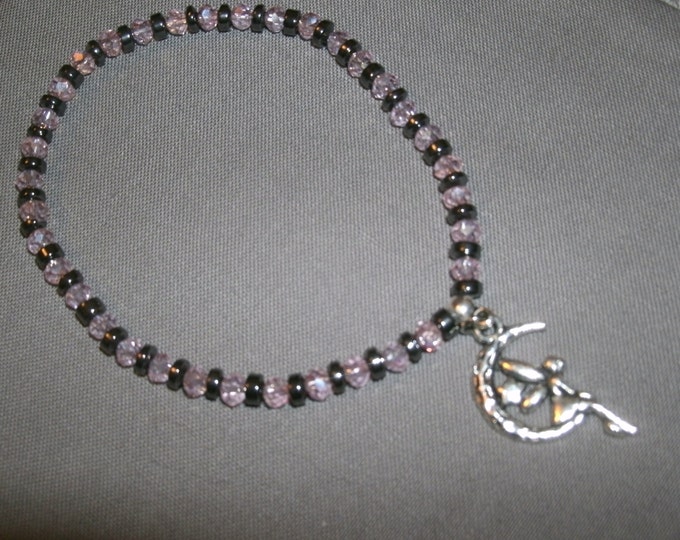 Fairy on Moon Bracelet, stretch dainty Pink Austrian Crystal and Grey/Black non-magnetic Hematite 4mm rondelle beads with silver Fairy,