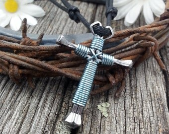 Cross Necklace Men, Nail Cross, Mens Cross Necklace, Nail Cross Necklace, Sky Blue Nail Cross, Horseshoe Nail Cross, Light Blue - SK1