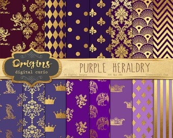 Purple Heraldry Digital Paper, Purple and Gold Crowns, Medieval Damask Heraldic Crests Backgrounds, Instant Download Commercial Use