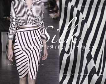 Stripes Silk Black White Silk Crepe - vente tissu soie imprimée