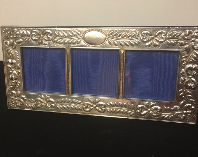 Storewide 25% Off SALE Vintage Sterling Silver Triple Photo Frame Featuring Elaborate Ribbon Bow Garland Trim Designs