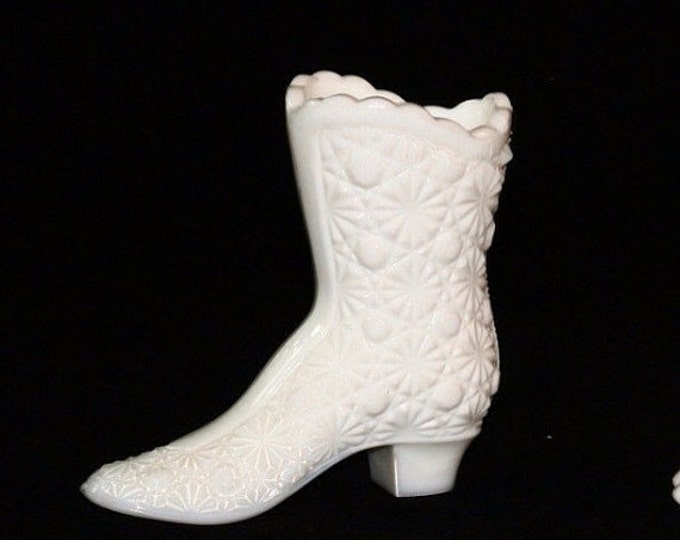 Storewide 25% Off SALE Vintage White Fenton Hobnail Milk Glass Decorative High Heeled Boot Vase Featuring Raised Starlight Style Design