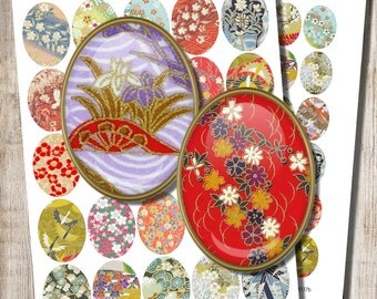 Origami Paper, Digital Collage Sheet, Chiyogami Patterns, 18 x 25 mm, 30 x 40 mm Ovals, Japanese Washi Ornaments, Instant Download, d1