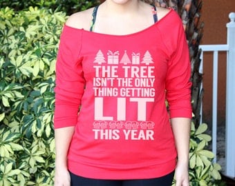 LIT Design. Womens Funny Christmas Sweater. "LIT" Tree christmas off shoulder shirt.