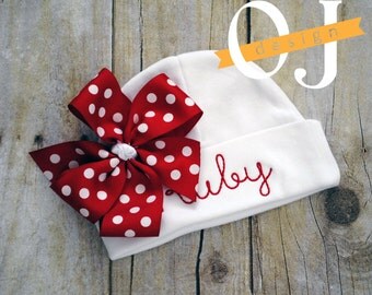 Personalized Name Newborn Hat - Infant Hospital Hat - embroidered - Newborn Hat - Newborn Hat with Bow - Girl - Red