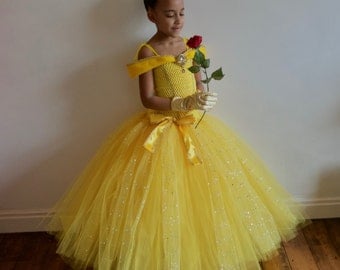 Princess Belle Beauty & the Beast Deluxe inspired Gown, Rhinestone Brooch! FREE Gloves Or Tiara Age 3 up to 12 yrs