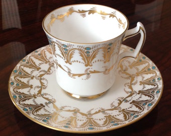 Royal Chelsea English Bone China Gold and Teal Tea Cup and Saucer 733A/T