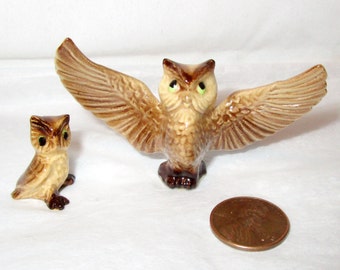 Vintage HAGEN RENAKER Green Eyes Papa OWL & Owlet Figurines Baby Retired Miniature Bone China U.S.A. / Pair Family Collectible Mint / Gift