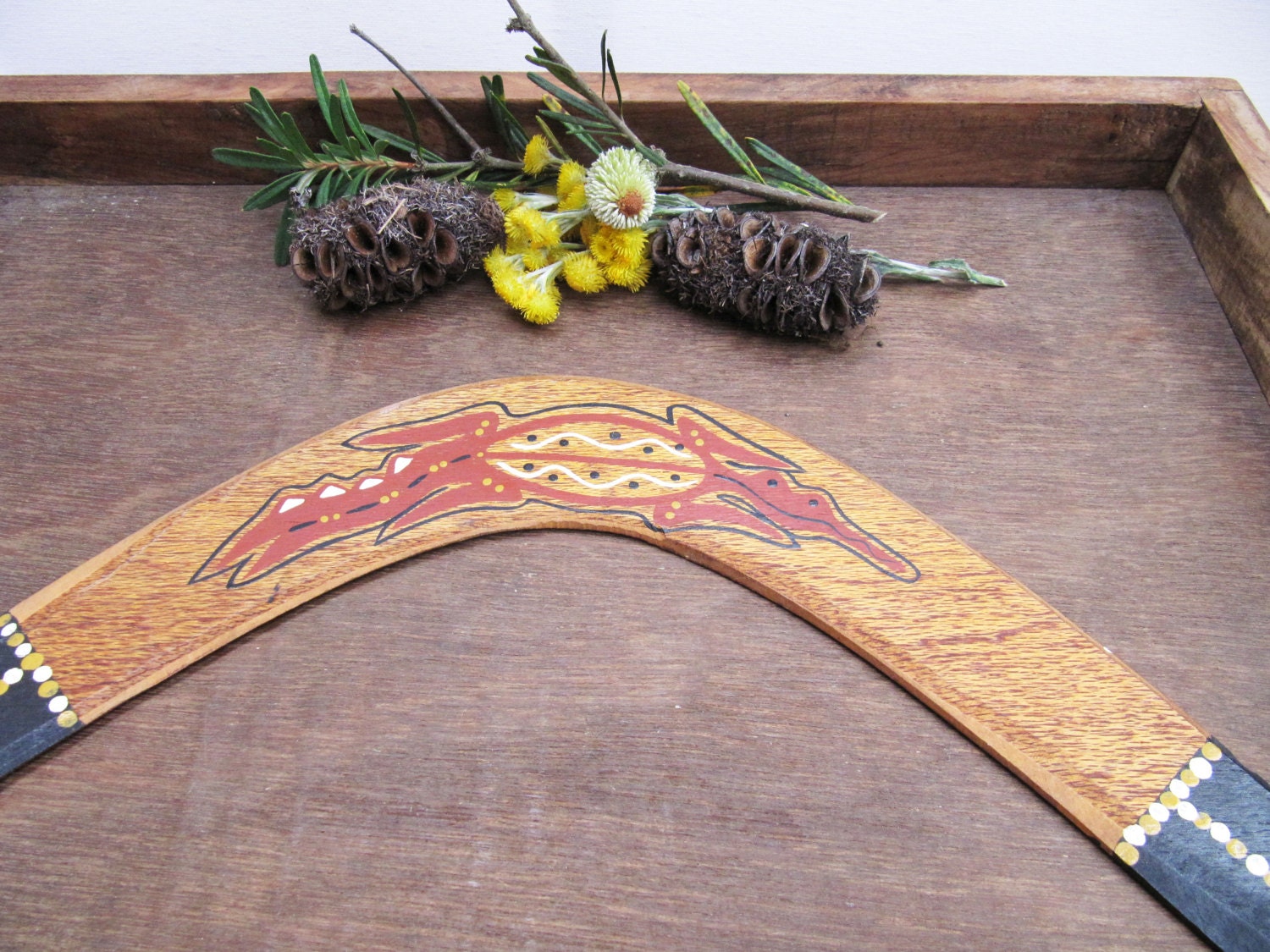 Vintage Aboriginal Boomerang Hand Painted Big Wooden