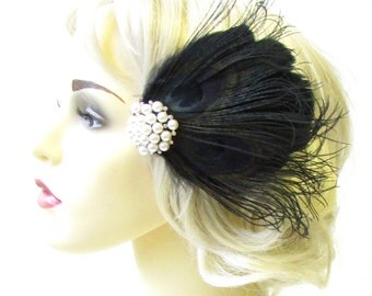 Black Ivory Silver Pearl Feather Fascinator Hair Clip 1920s Flapper Races 1810