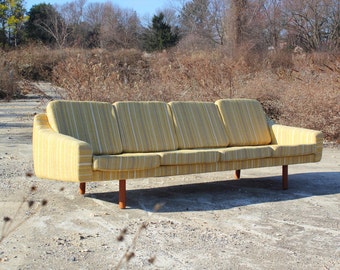 Danish Wegner Style Mid Century Sofa - Striped Yellow Wool Pattern with Curved Back Wormley Style