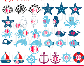 Sea Animal Monogram svg, Sea Animal Clipart, Sea svg files, Ocean Clipart, Ocean Svg, Nautical svg, dxf, png, eps, ai, Nautical Clipart