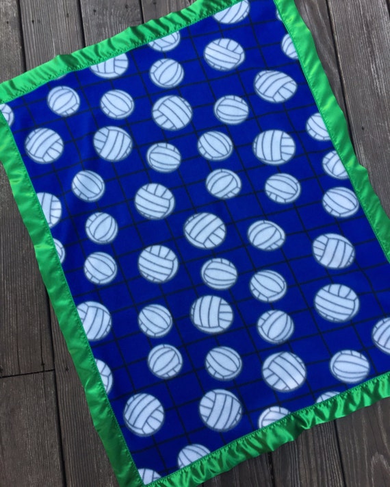 Blue Volleyball Fleece Blanket with Green Satin Binding