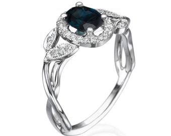Blue sapphire ring, Blue sapphire engagement ring, Blue sapphire white ring, leaves ring, Blue sapphire diamond ring, White gold Ring, 14k