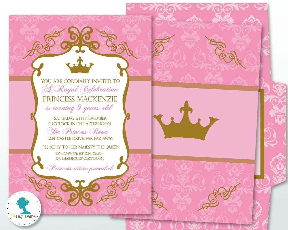 Princess Crown Party Printable Invitation in Pink &amp; Gold
