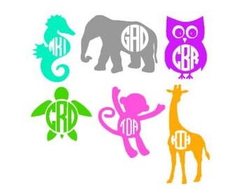 Animal Monogram Decal / Monogram sticker / laptop decal / car decal / circle monogram / personalized decal / elephant decal / monkey decal