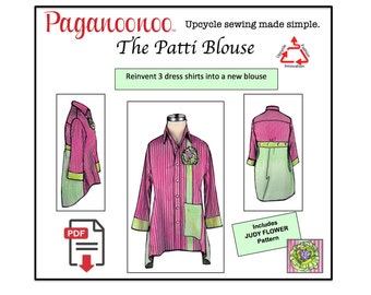 PDF: Patti Blouse Pattern & Judy Flower. Upcycle sewing pattern transforms dress shirts to woman's blouse. Paganoonoo