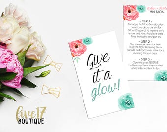 Rodan and Fields Mini Facial Card | Give it a Glow | Mint and Coral | Floral | Two-Sided | INSTANT DOWNLOAD | DIGITAL