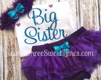 Little Sister Big Sister Outfit Baby Clothes Promoted to Big Sister Optional Leg Warmers Tutu Headband Purple and Teal Glitter Announcement